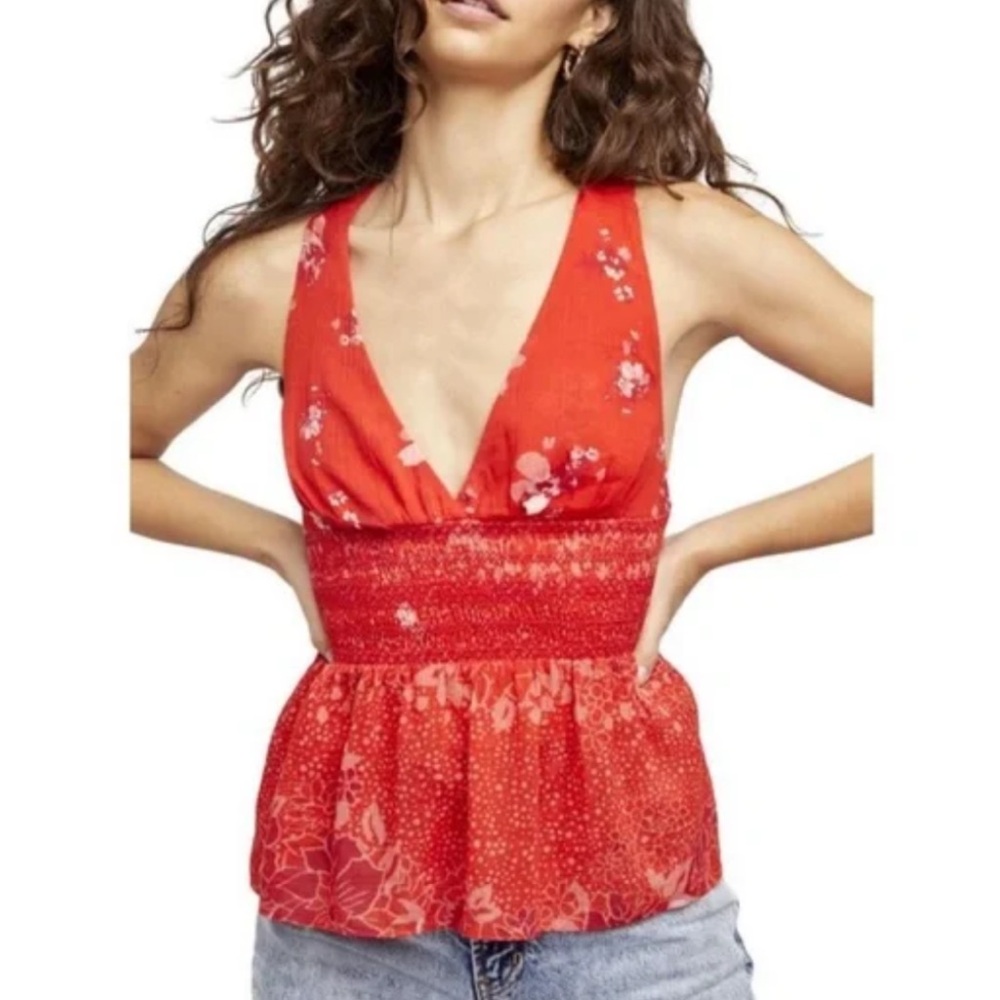 Free People Brinkley halter tank top size Medium red floral